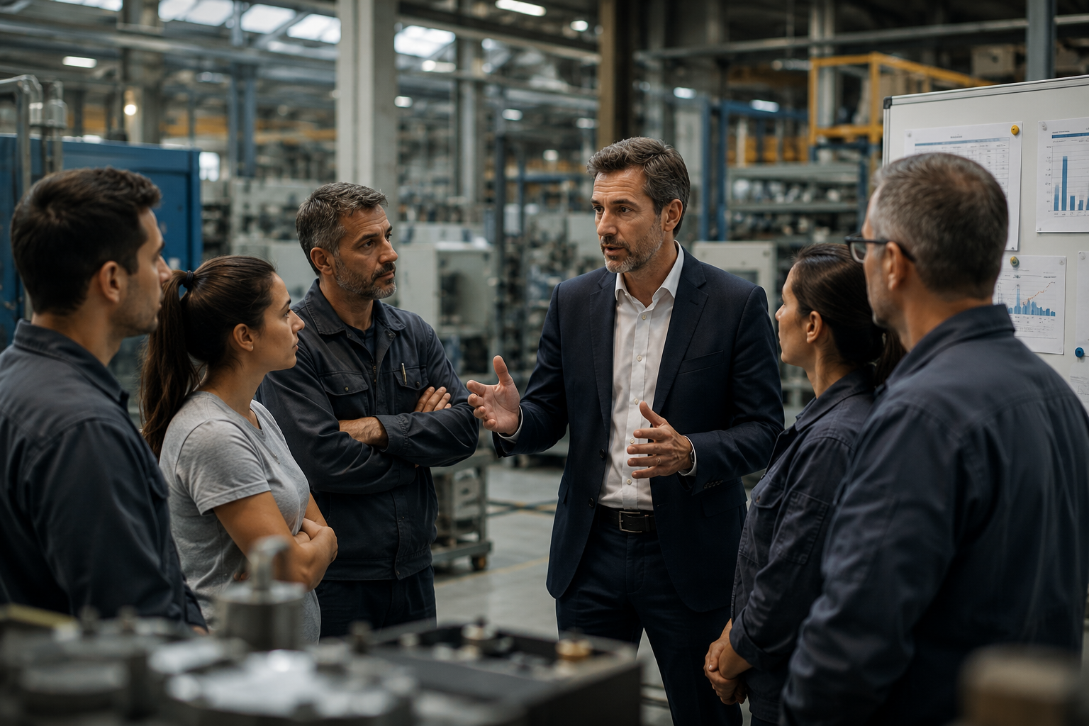 Equipo de trabajo en entorno industrial conversando con dirección.