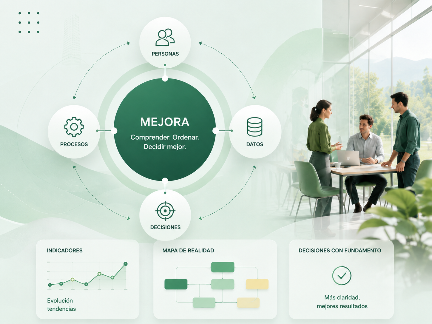 Esquema de mejora con procesos, personas, datos y decisiones.